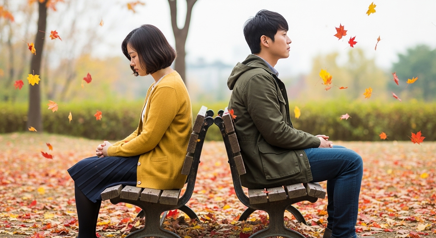 가을 공원 벤치에 떨어진 낙엽 사이로 멀찍이 앉아 있는 커플