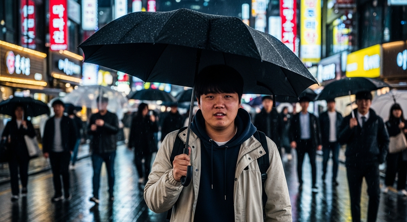 비 내리는 밤거리를 우산 쓰고 걷는 학생