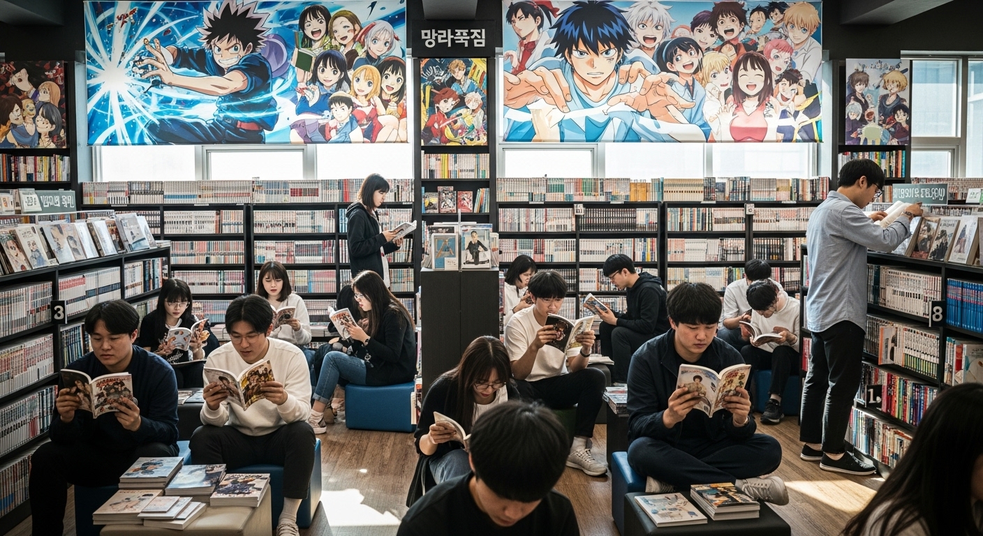 한국 서점에서 새 만화를 읽으며 열광하는 팬들의 모습