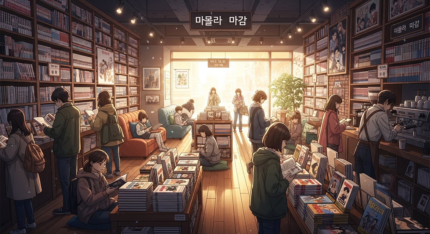 인기 있는 만화를 찾는 고객들로 붐비는 한국 서점