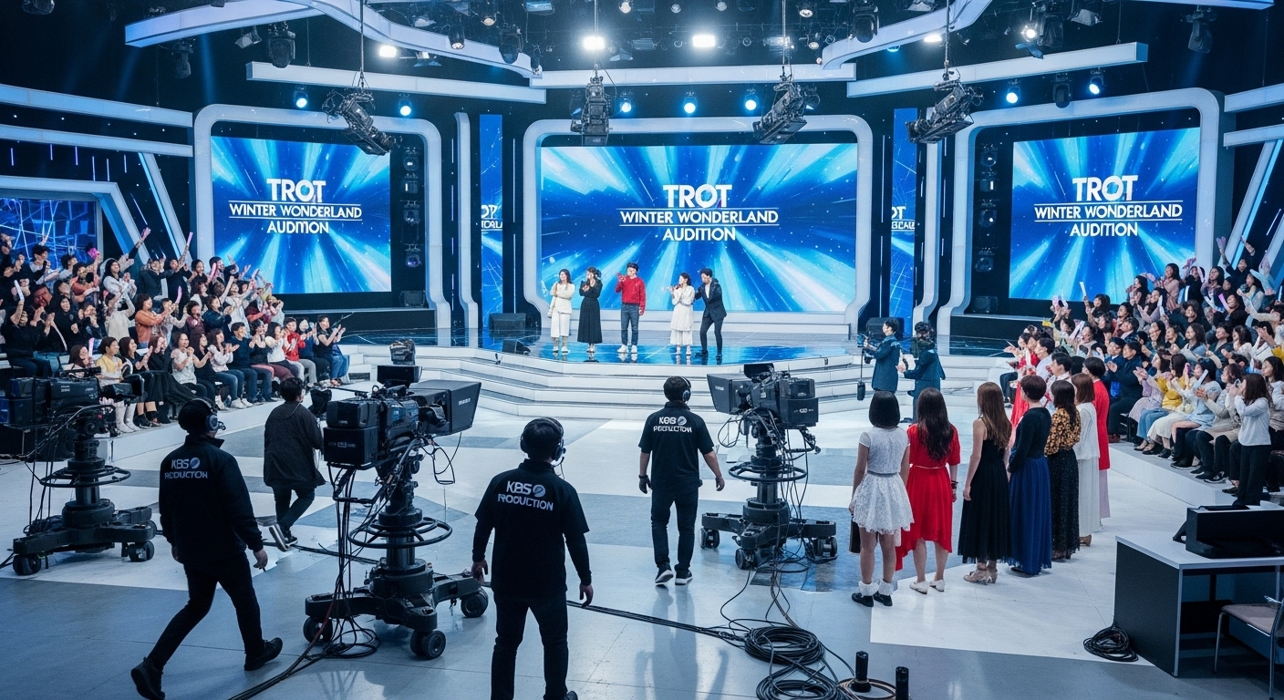 현대적인 한국 TV 스튜디오에서 겨울 시즌 트로트 오디션 쇼가 활기찬 분위기 속에 진행되는 모습