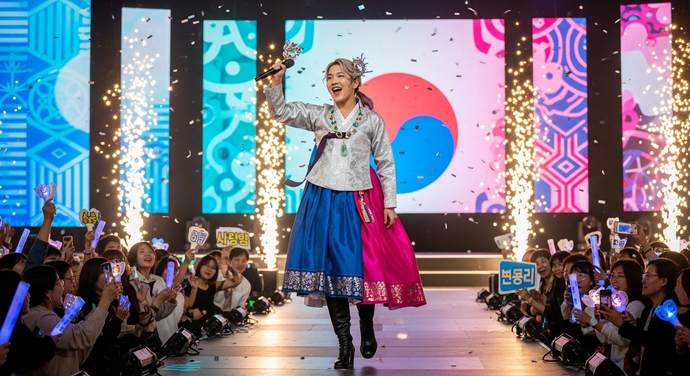 전통과 현대 요소를 결합한 젊은 한국 트로트 가수가 무대에서 공연하는 모습