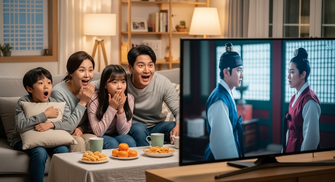 가족들이 거실에서 TV 드라마를 보며 흥분해 있는 모습