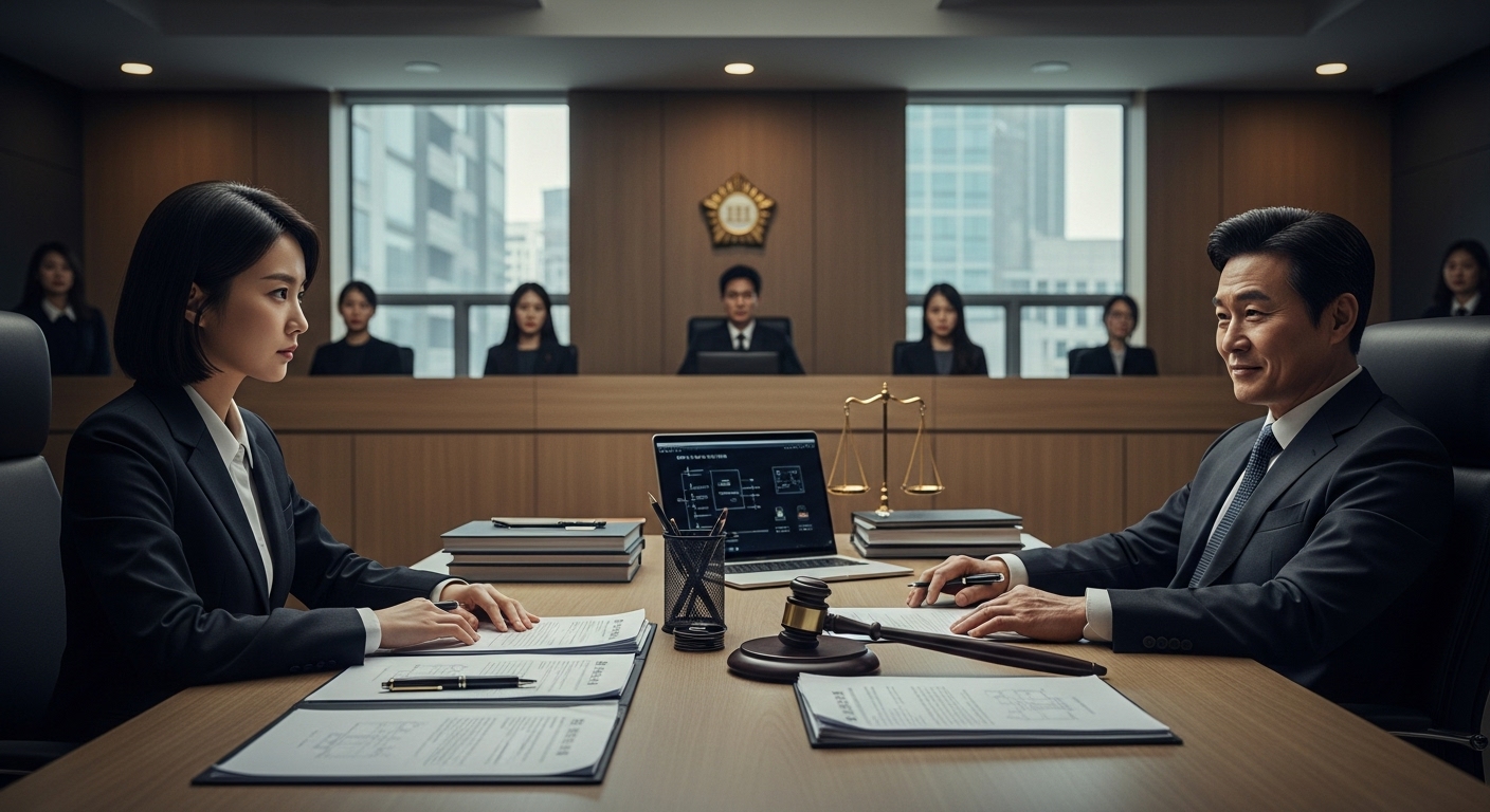 현대적인 한국 법정에서 긴장된 분위기 속 두 인물이 주요 초점인 장면