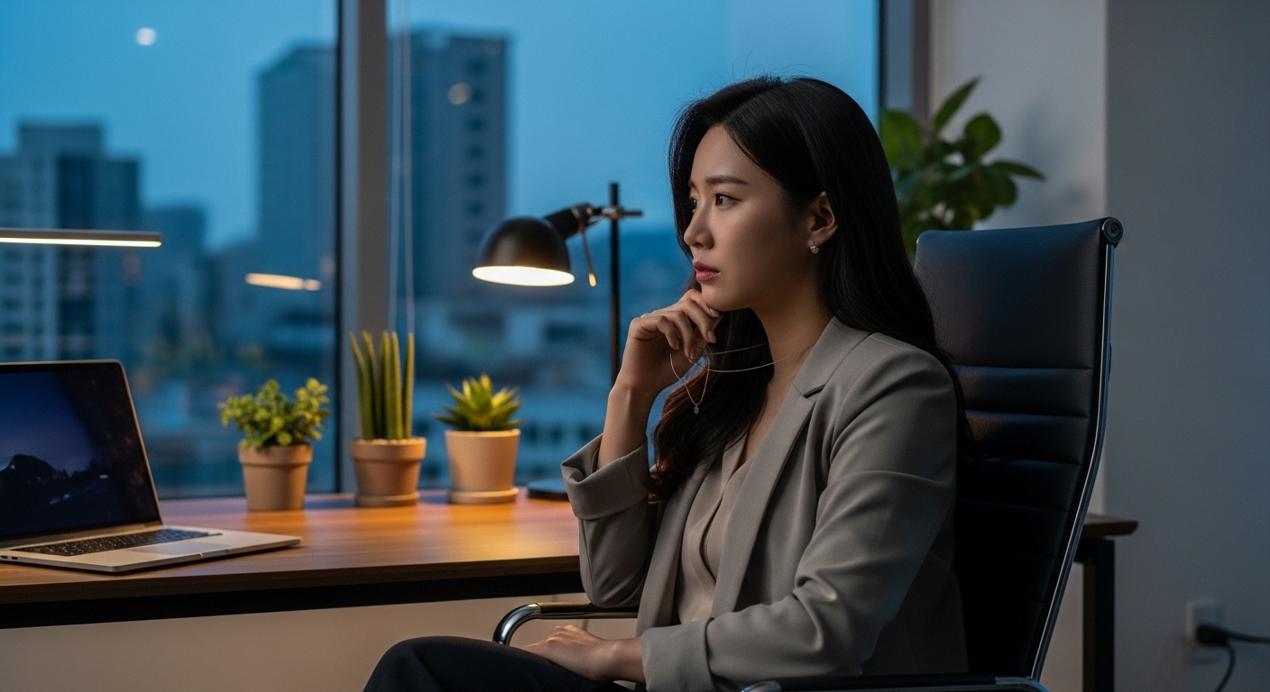 현대식 사무실에서 자신의 과거 연인을 회상하는 젊은 여성