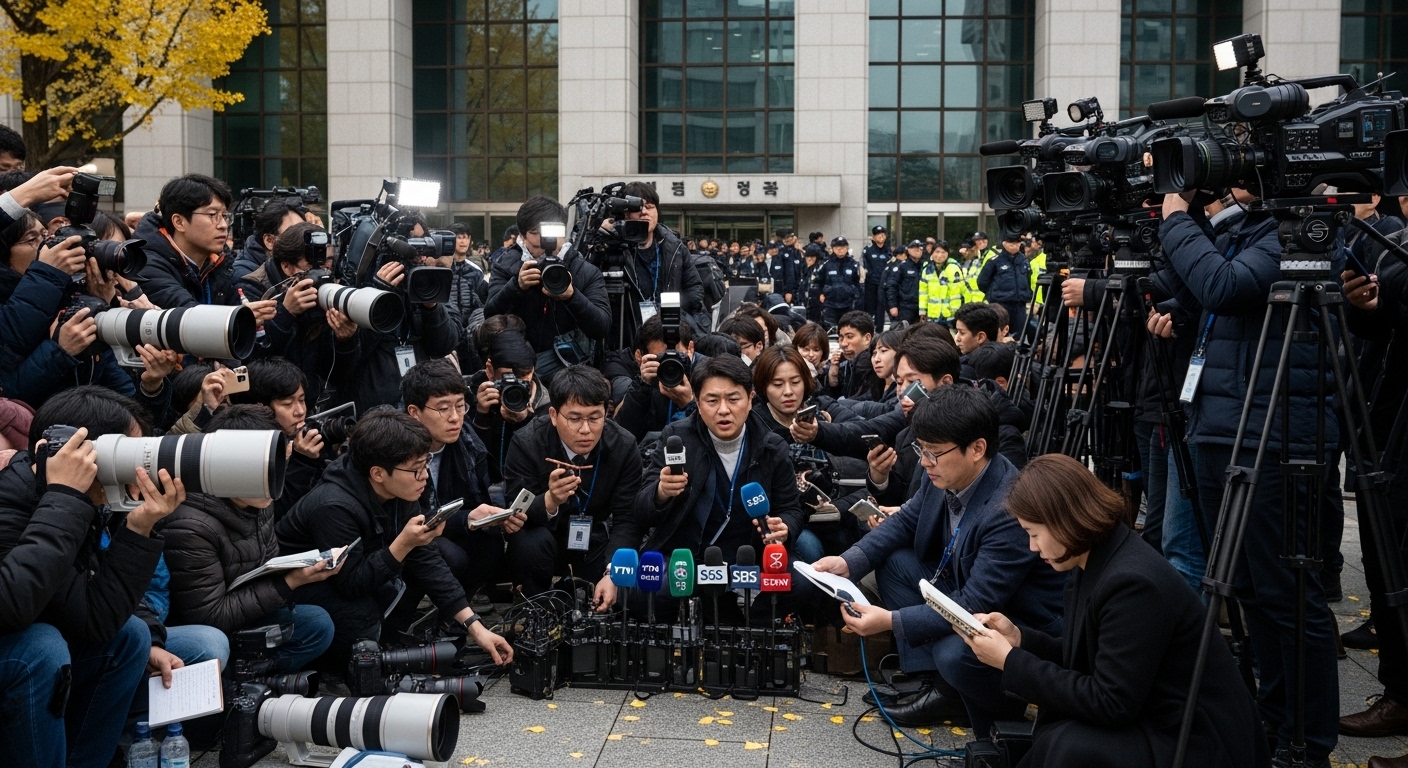 한국 법원 외부에서 기자들과 카메라가 순간을 포착하는 강렬한 미디어 소동