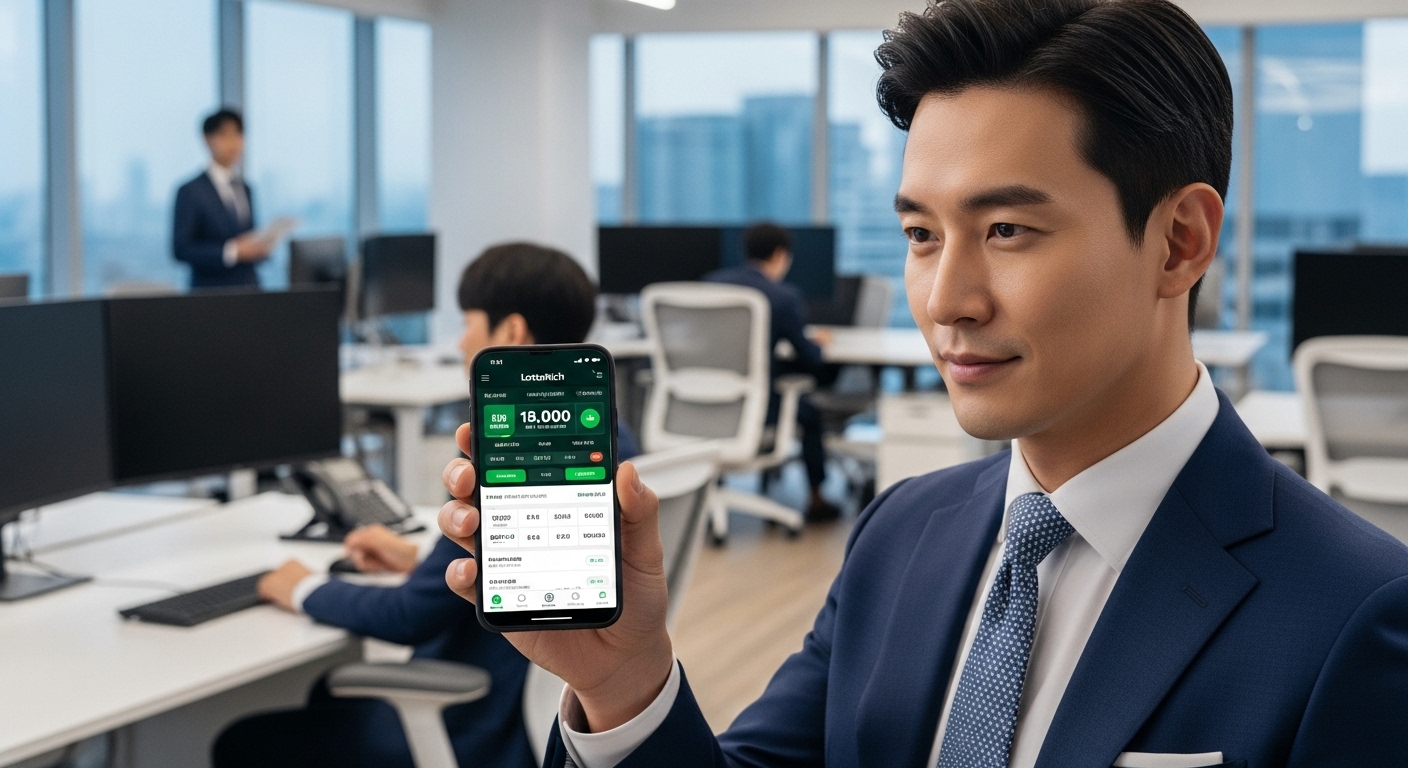 현대적인 사무실에서 스마트폰으로 로또리치 앱 인터페이스를 확인하는 직장인의 모습