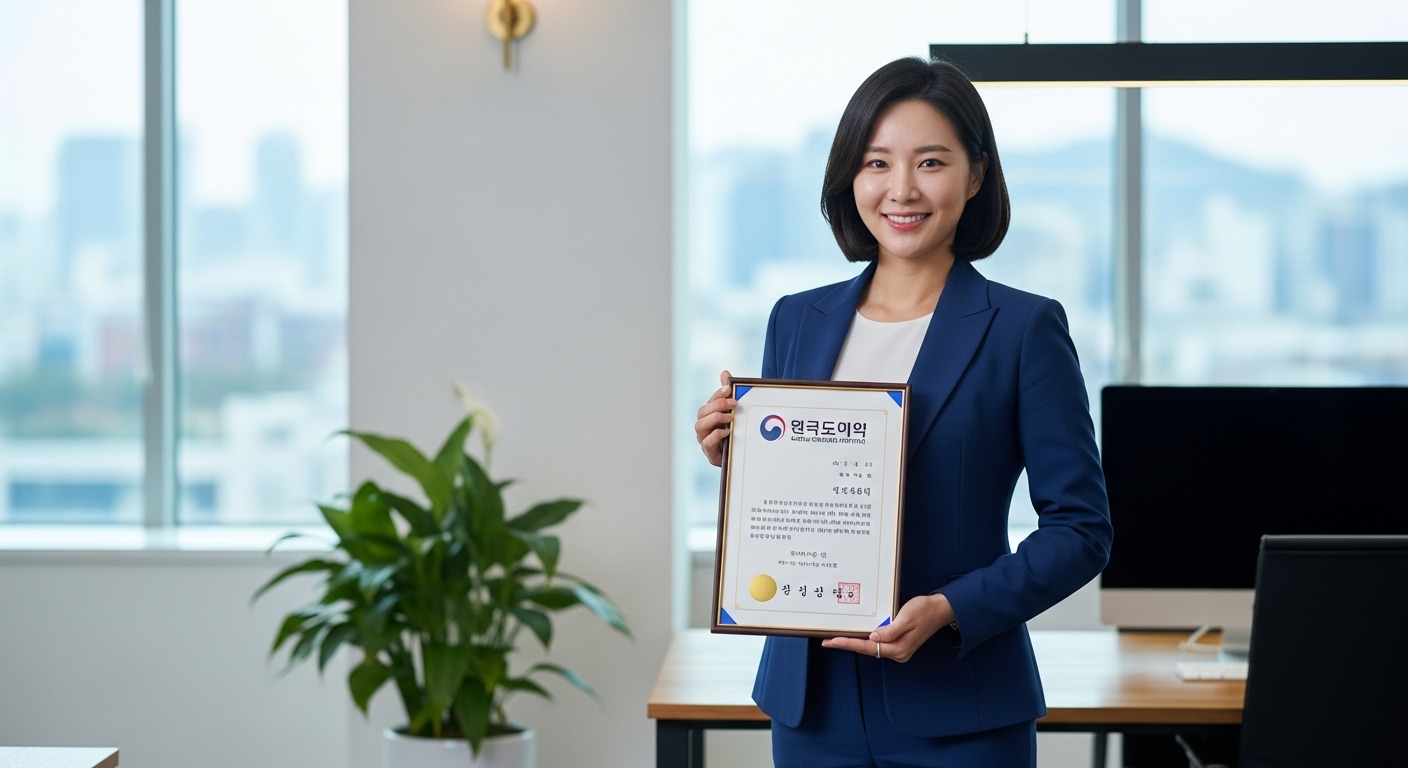 사무실에서 한국기록원 인증서를 자신 있게 제시하는 사업가 여성의 모습