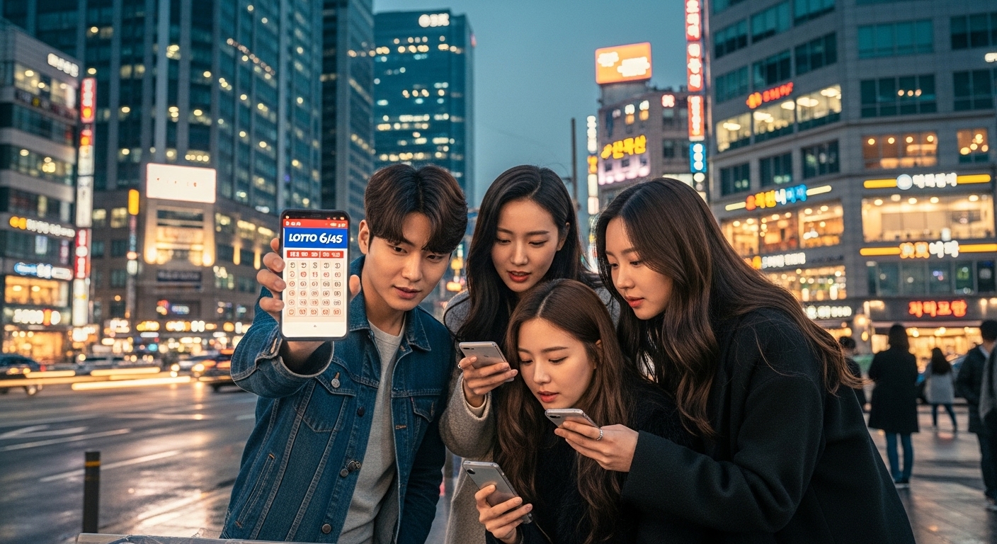 현대적 도시 거리에서 스마트폰으로 로또 번호를 확인하는 젊은이들의 모습
