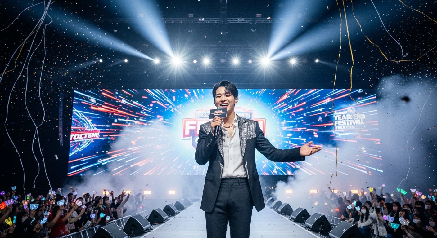 연말 음악 축제에서 사회자와 공연자로 활약하는 다재다능한 한국 아이돌