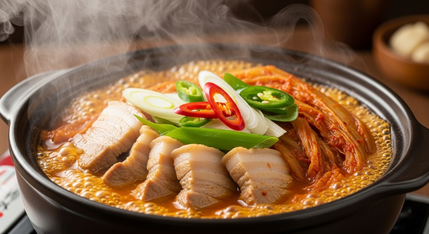 김치와 돼지고기가 어우러진 김치찜이 김이 모락모락 나는 모습