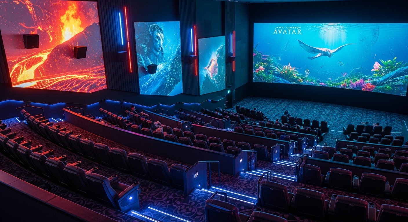 한국 멀티플렉스 극장의 IMAX 3D와 4DX 좌석에서 '아바타'의 몰입감 있는 화재와 수중 영상