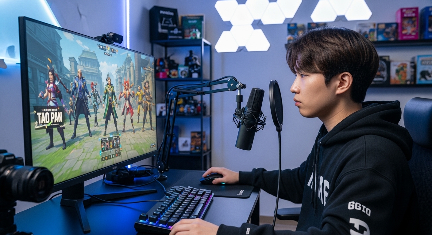 모니터에 타오판 상위 티어 캐릭터를 보여주는 젊은 게이머