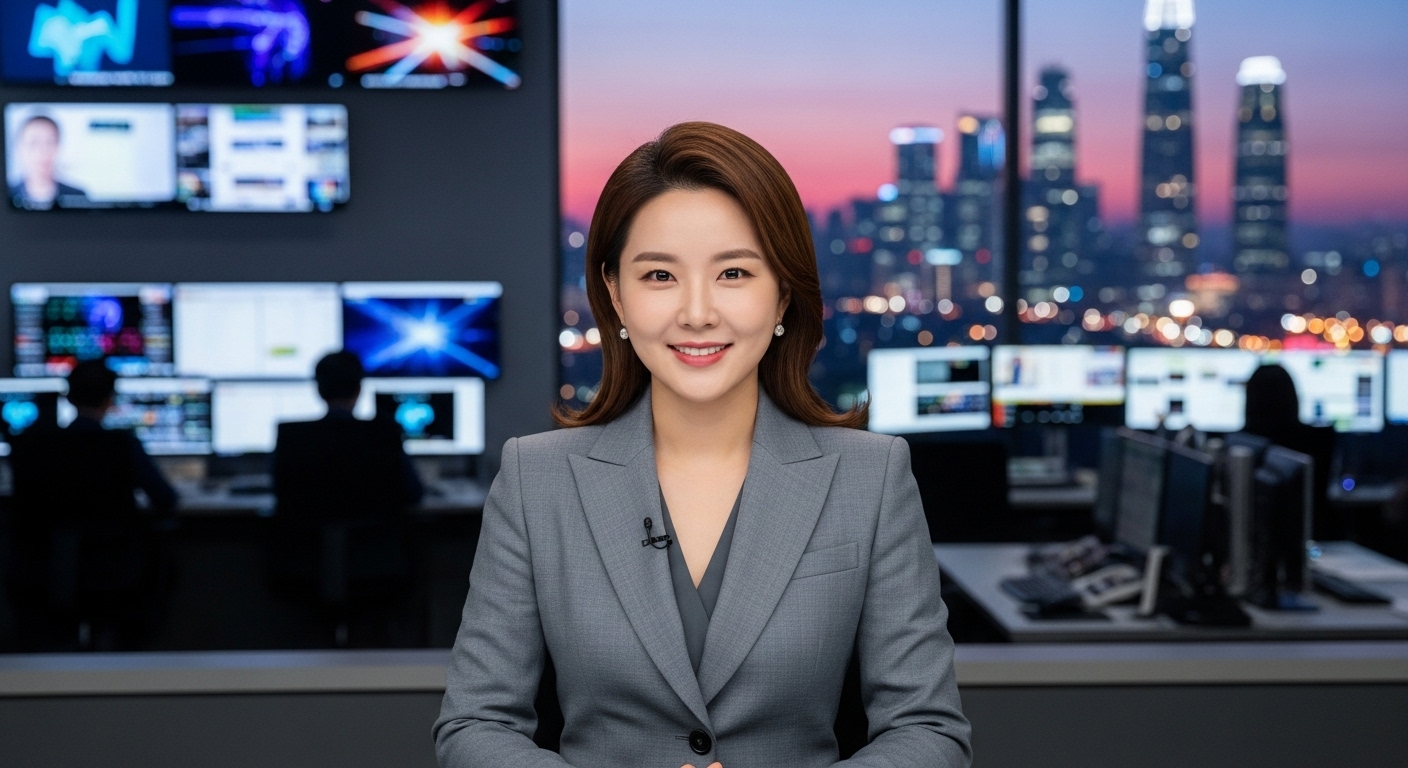 경력을 전환하는 전문 방송인의 모습과 현대 도시 배경
