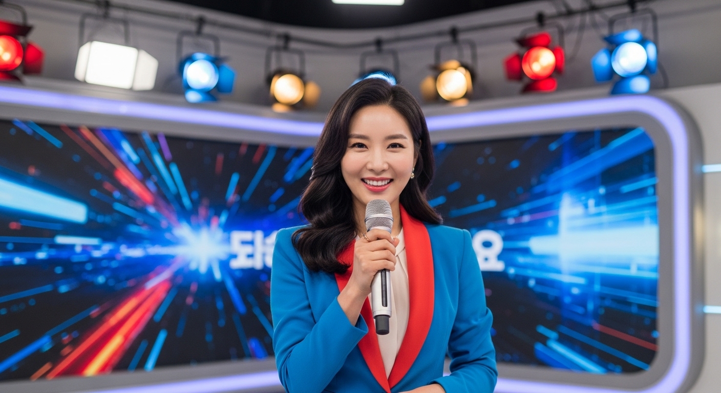 스튜디오에서 마이크를 든 채 새 도전을 준비하는 여성 방송인