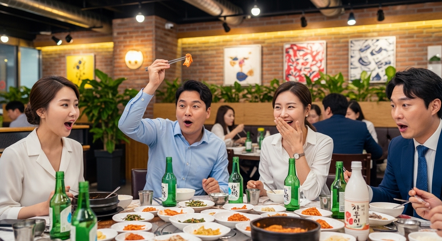 직장인들이 식당에서 갑작스런 건배사 요청에 놀란 표정