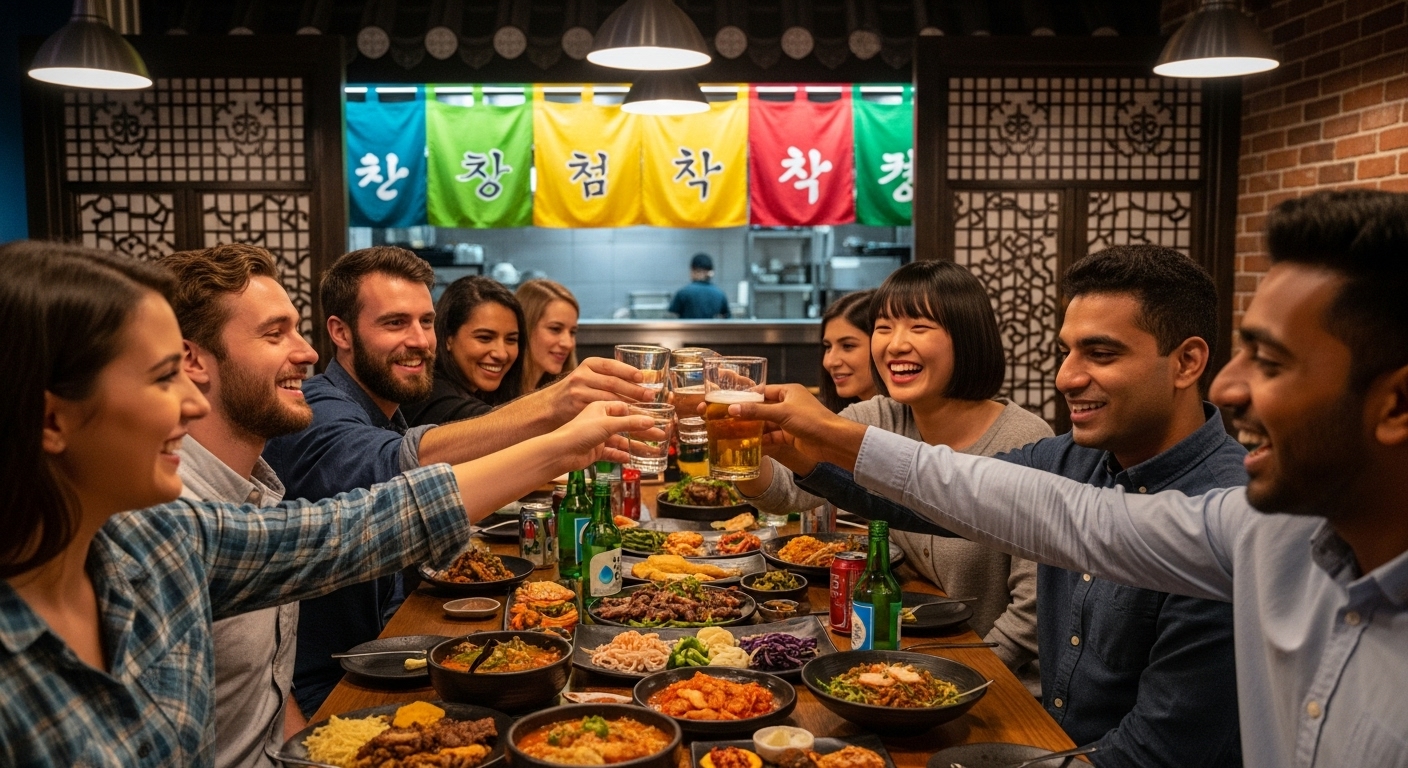 친구들이 한국 레스토랑에서 잔을 부딪치며 즐거운 분위기를 나누는 모습