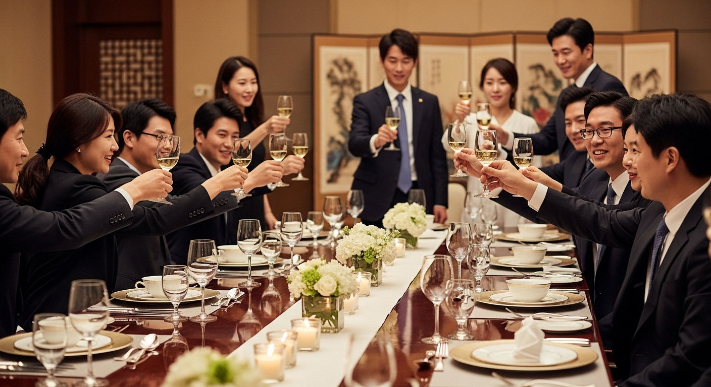 팀워크와 성공을 강조하며 잔을 드는 회사 회식 장면