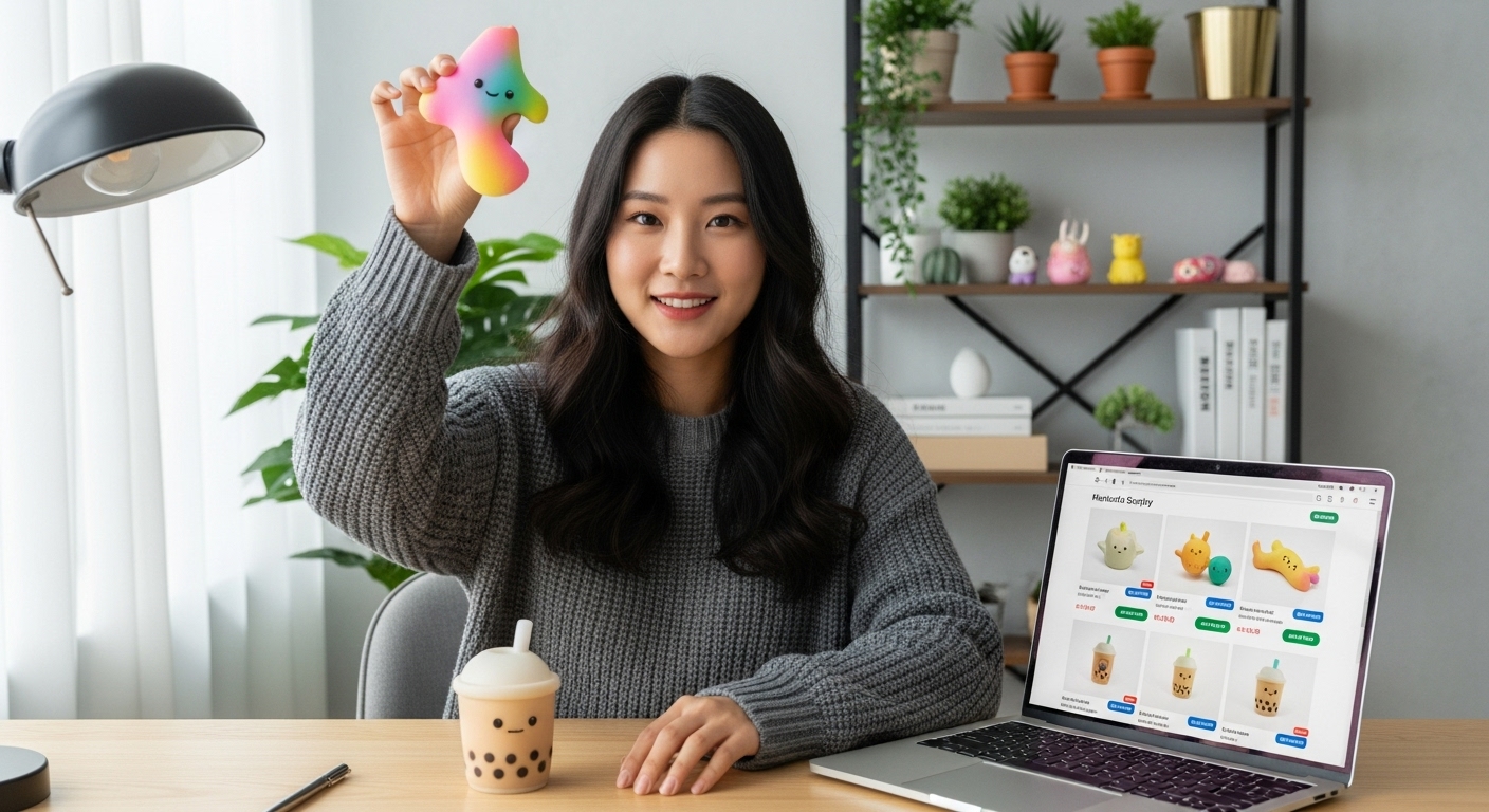 젊은 창업자가 자신의 수제 스퀴시를 온라인 상점에서 소개하는 장면