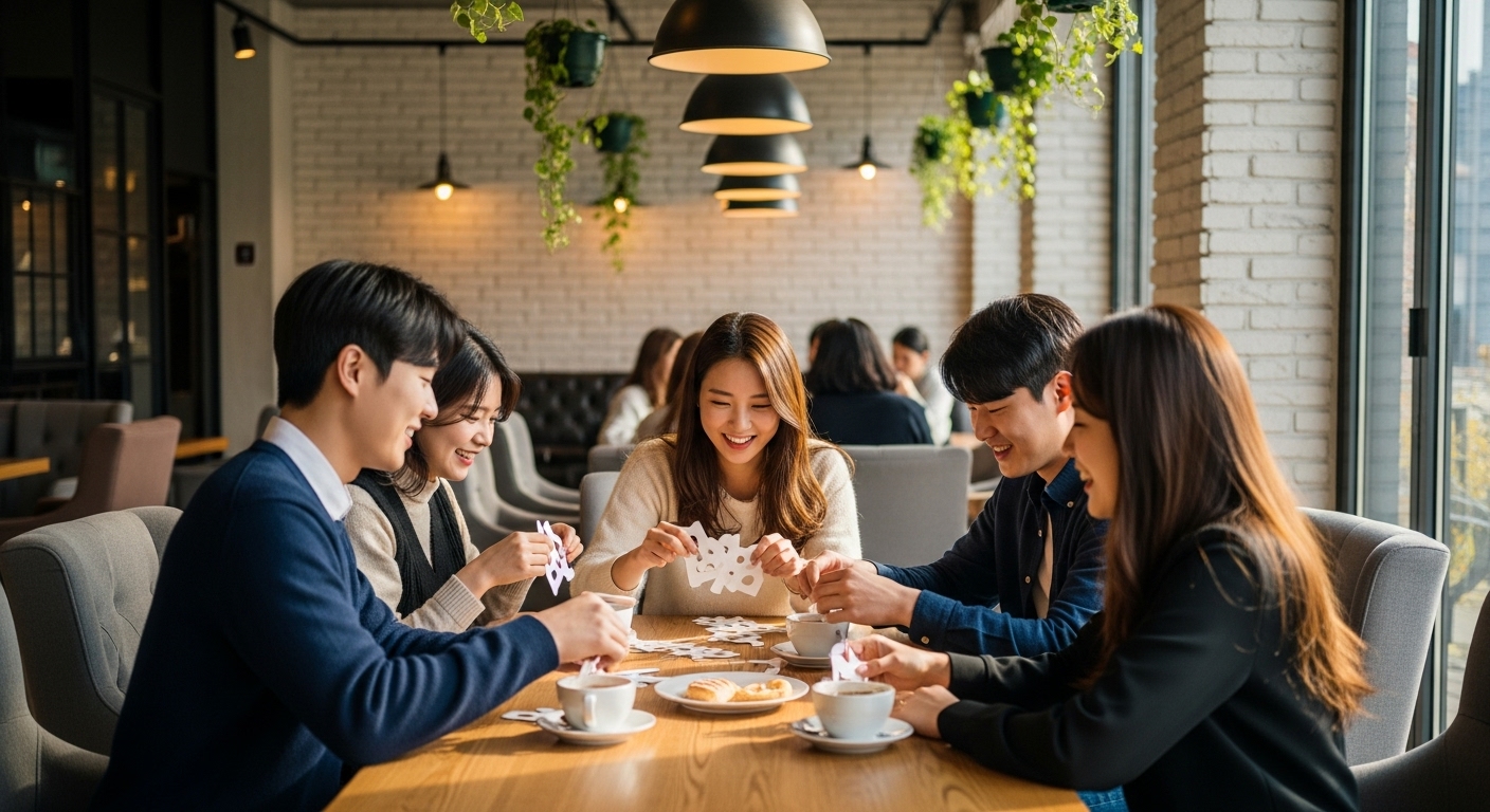 젊은 사람들이 카페에서 종이 클리커를 가지고 노는 모습