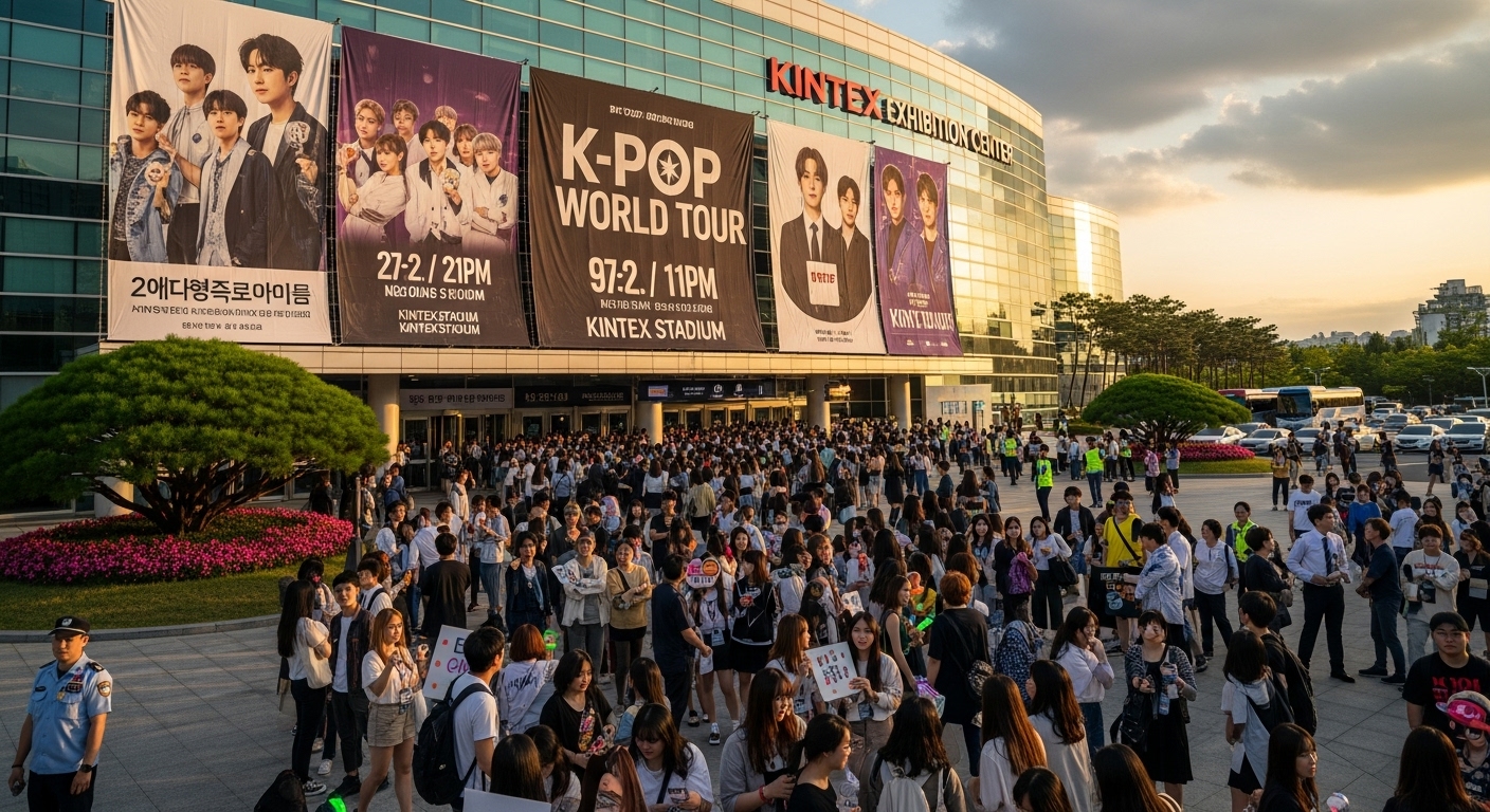 KINTEX 전시관 외부에 설치된 공연 홍보 배너와 모여드는 사람들