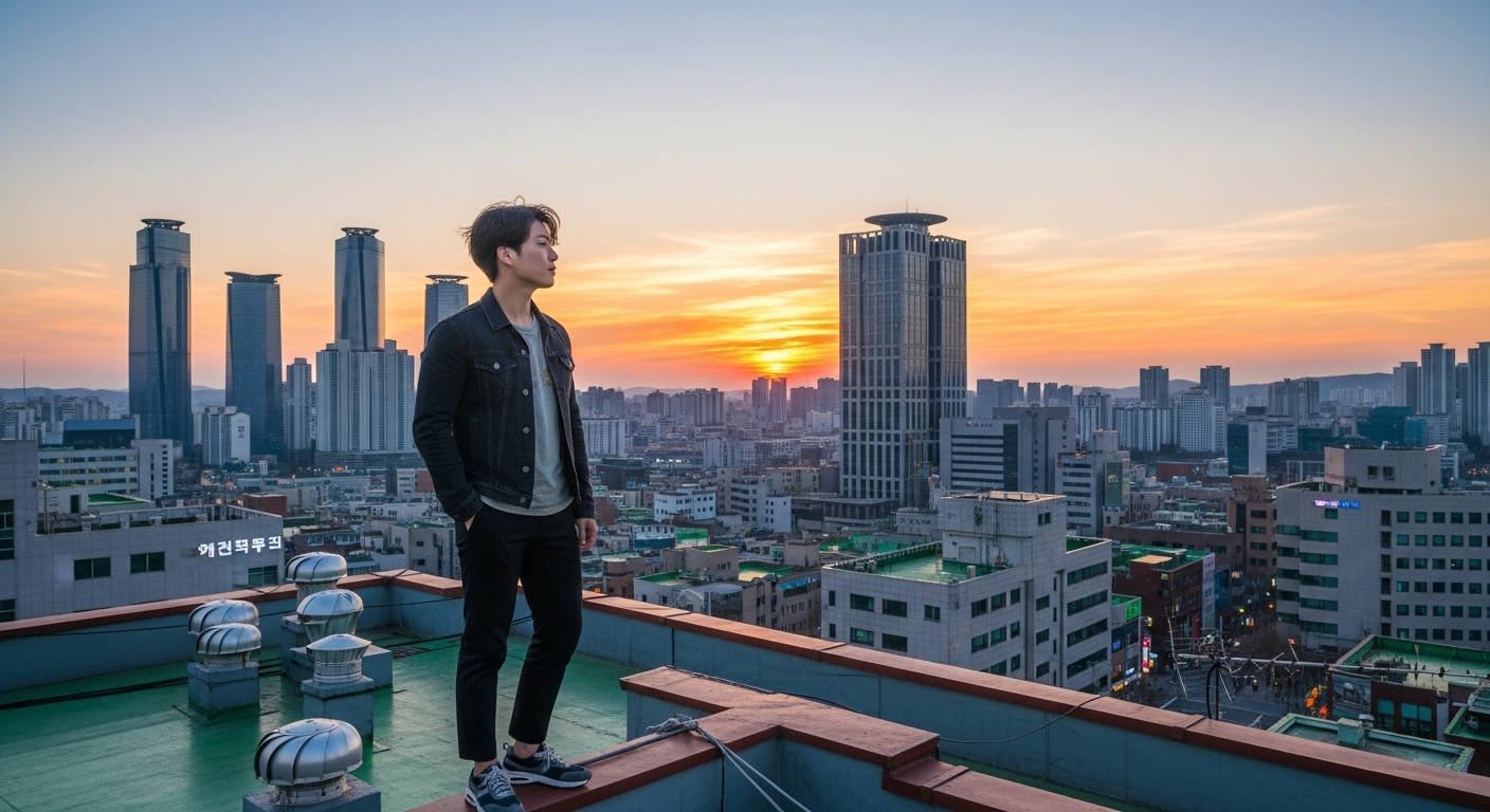 도시 옥상에서 자신감 있게 서서 먼 곳을 바라보는 청년