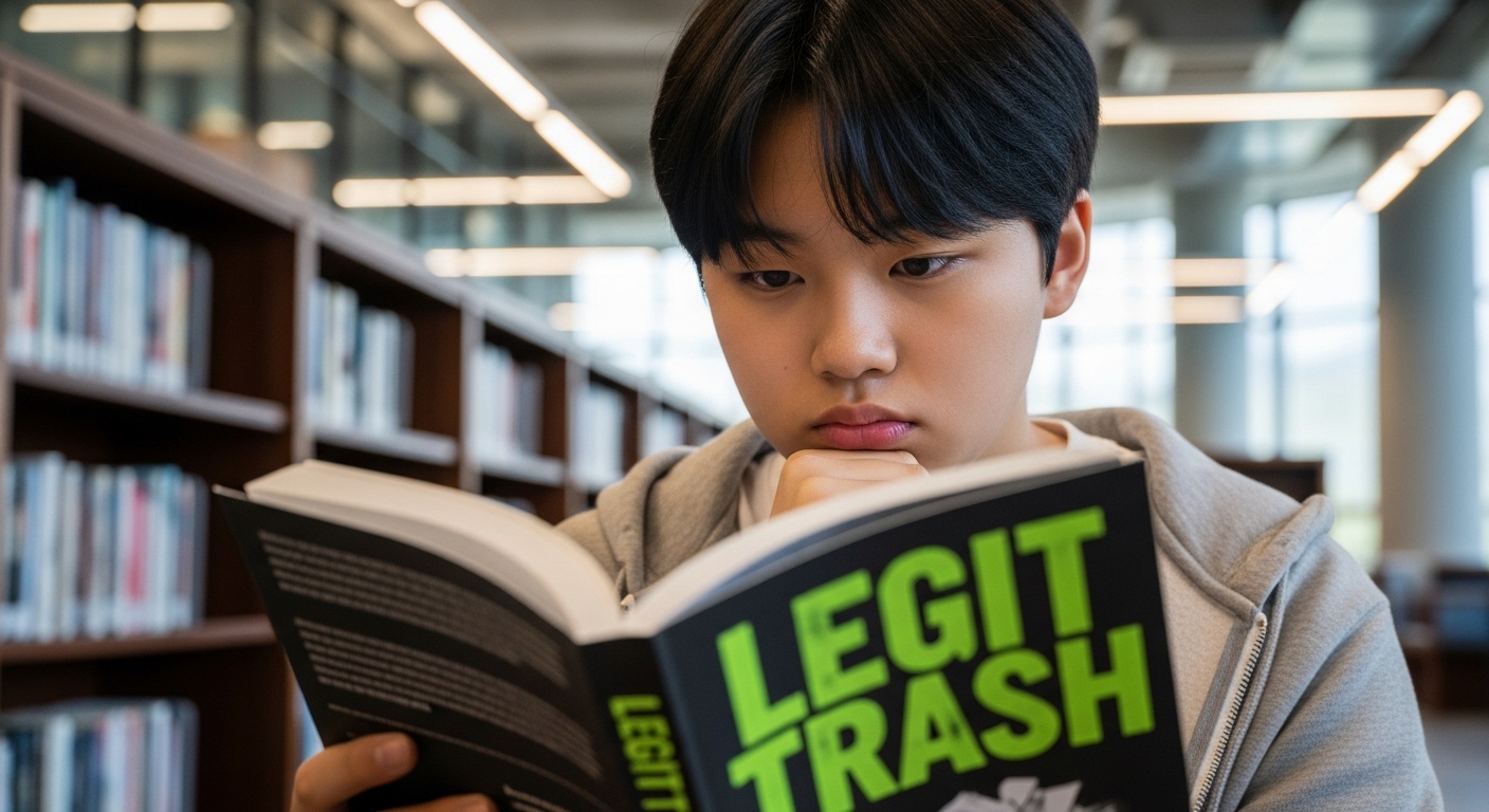 도서관에서 'Legit Trash'라는 책을 읽고 있는 학생의 모습