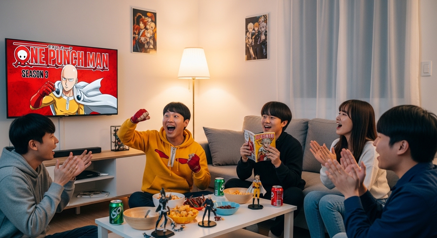 거실에서 대형 TV 화면을 보며 원펀맨 시즌 3 발표를 보는 애니메이션 팬들