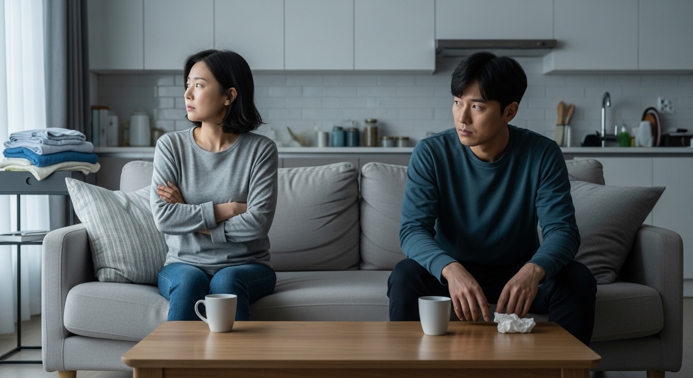 거실에서 앉아있는 부부의 긴장된 분위기와 미묘한 불화