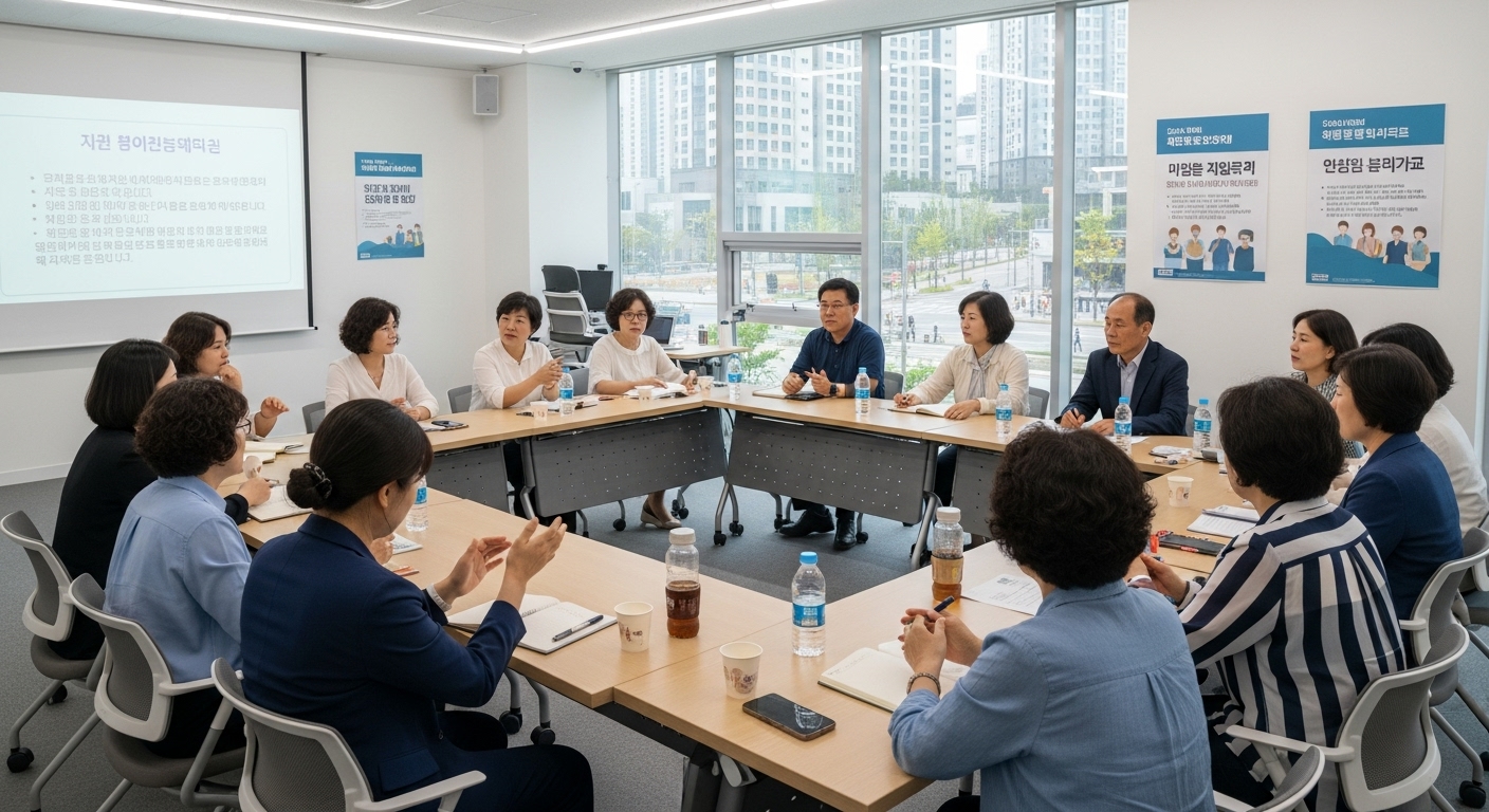 지역 사회복지와 안전 대책에 대해 논의하는 주민 모임 장면