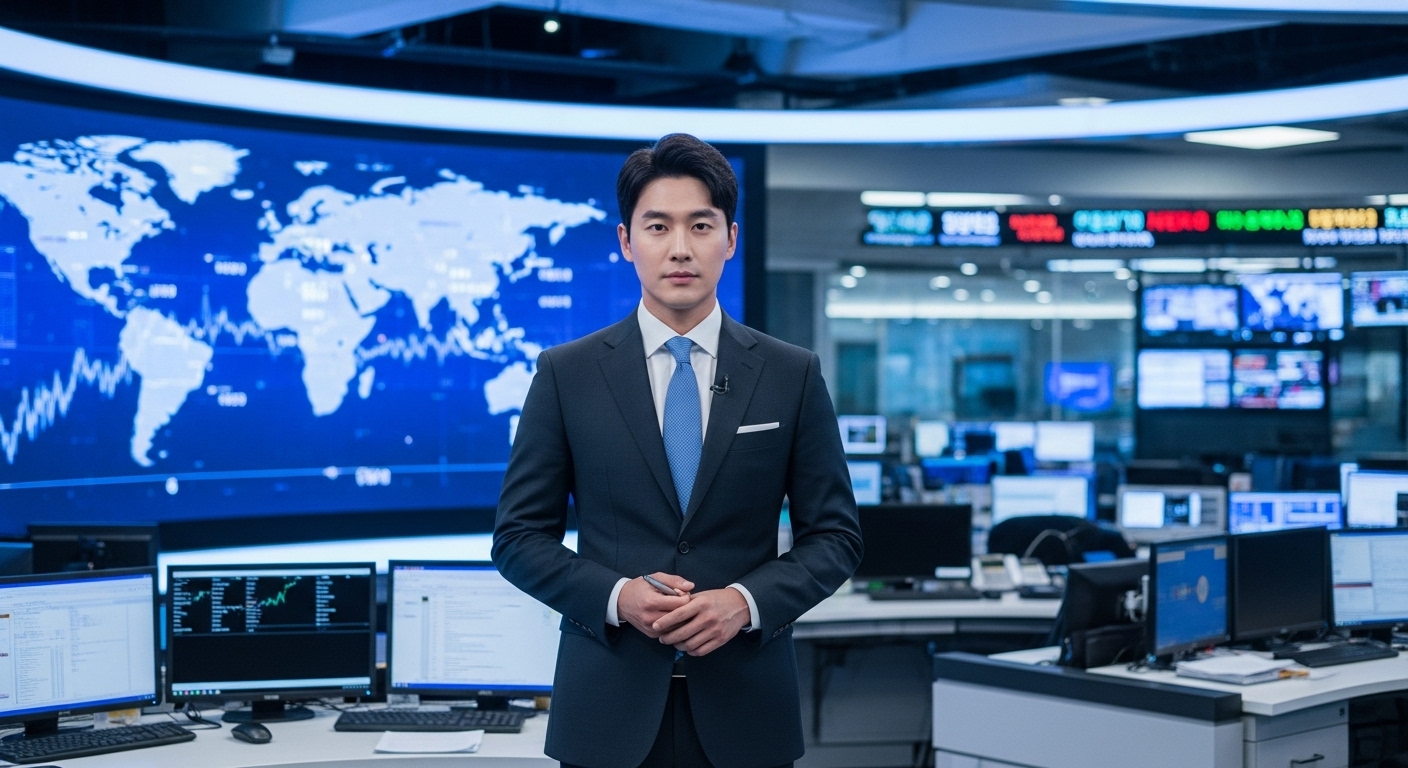 현대식 뉴스룸에서 자신감 넘치는 남성 아나운서의 모습