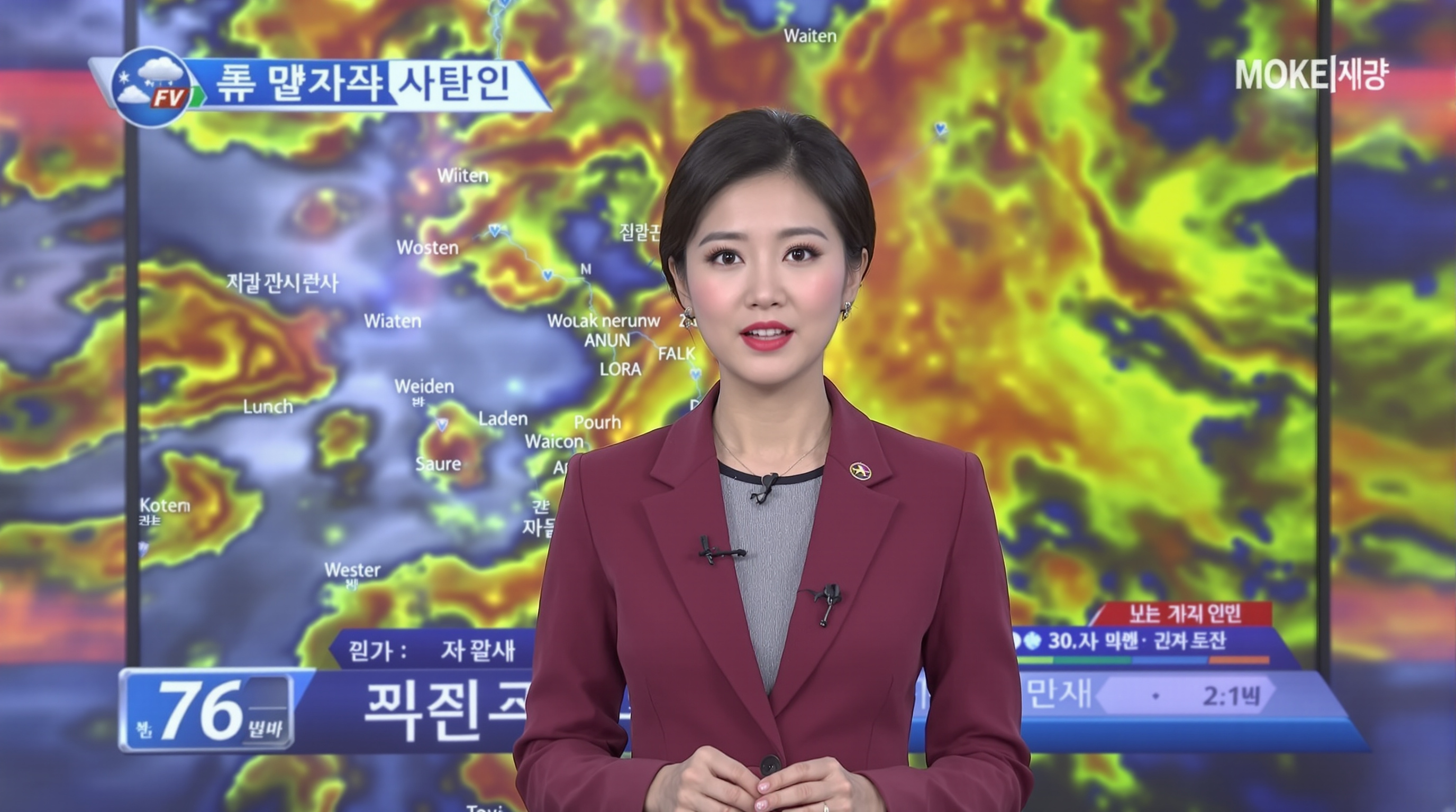 날씨 데이터를 보며 생방송 중인 기상캐스터의 집중된 모습