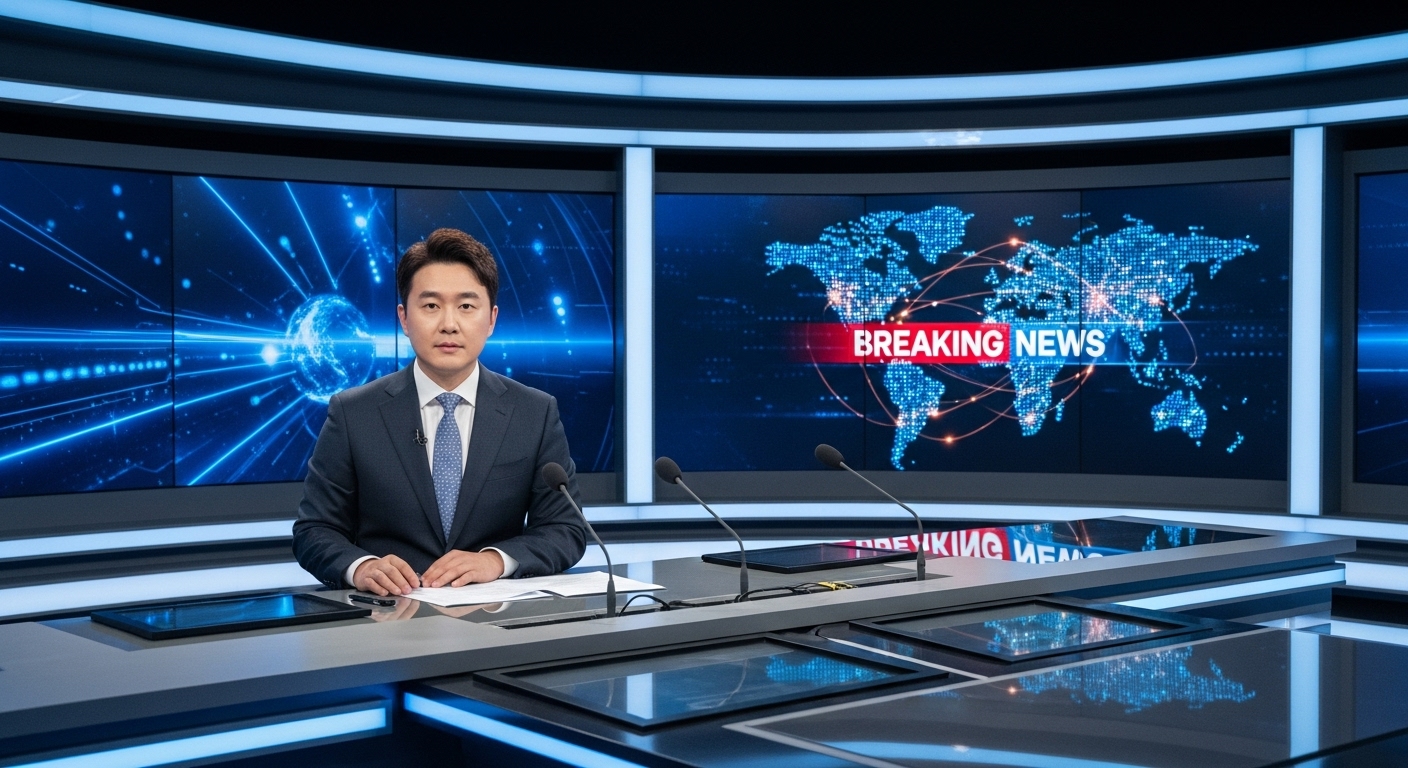 최신 기술과 세련된 디자인이 돋보이는 중앙 방송국 스튜디오에서 뉴스를 진행하는 앵커