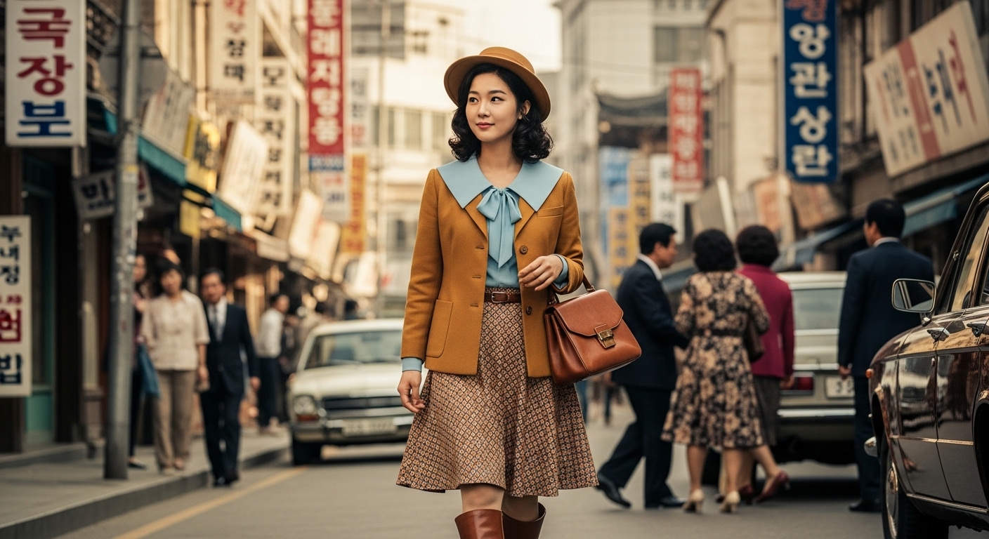 서울 거리에서 복고풍 의상을 입은 젊은 한국 여배우의 모습