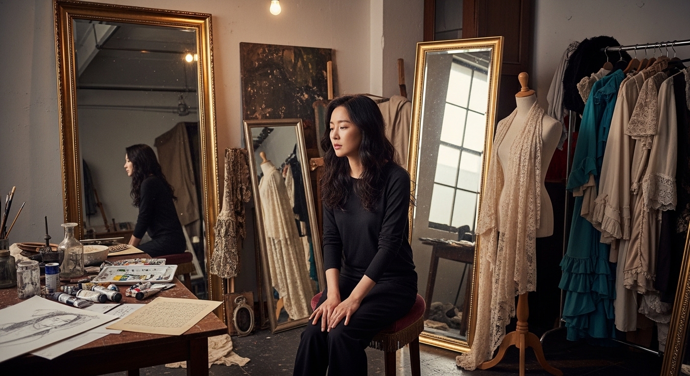 연극 소품과 거울로 가득한 예술 스튜디오에서 사색에 잠긴 한국 여배우