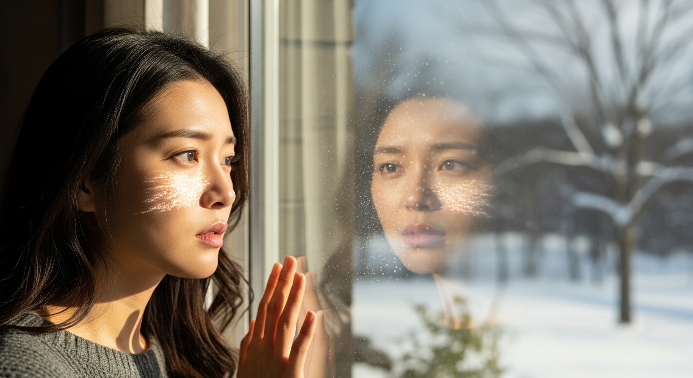 창문을 통해 햇살이 들어오는 겨울날 걱정스러운 표정을 짓는 여성