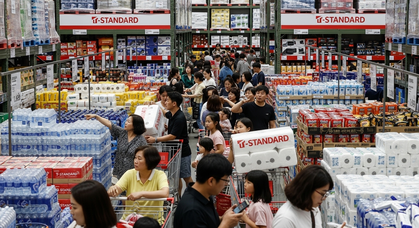 대용량 상품을 비교하며 쇼핑하는 사람들, 눈에 띄는 T-STANDARD 브랜드