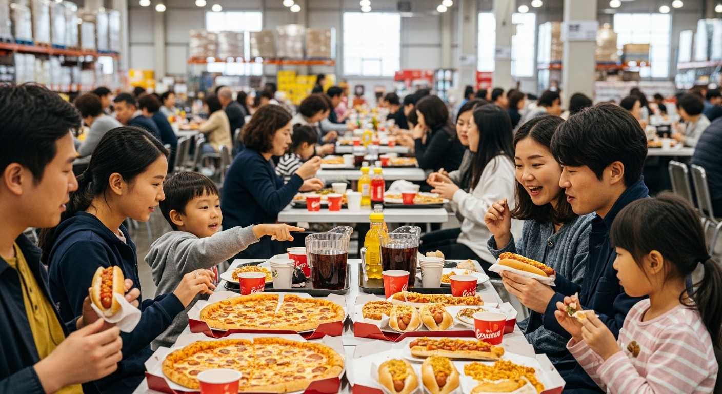 대형 매장 내 푸드코트에서 저렴한 음식을 즐기는 가족들