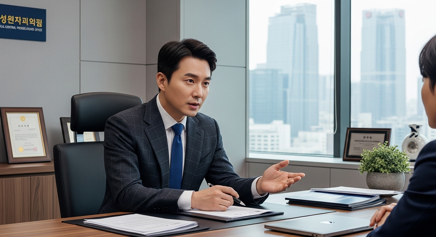 현대적인 사무실에서 서울중앙검찰청 소속 변호사가 법률 상담을 제공하는 모습