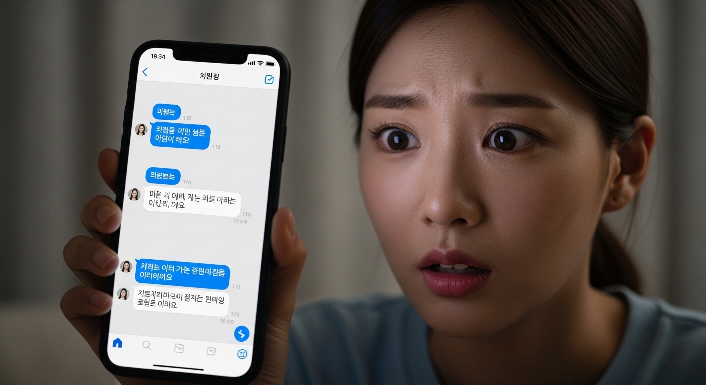 스마트폰 화면에 표시된 충격적인 카톡 메시지를 읽고 놀라는 젊은이의 표정