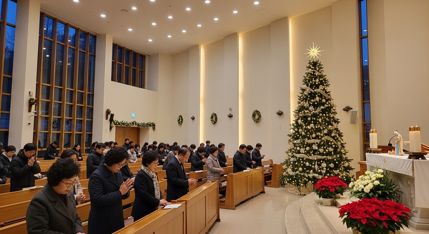 12월의 조용한 한국 교회 내부 모습과 성탄절 장식