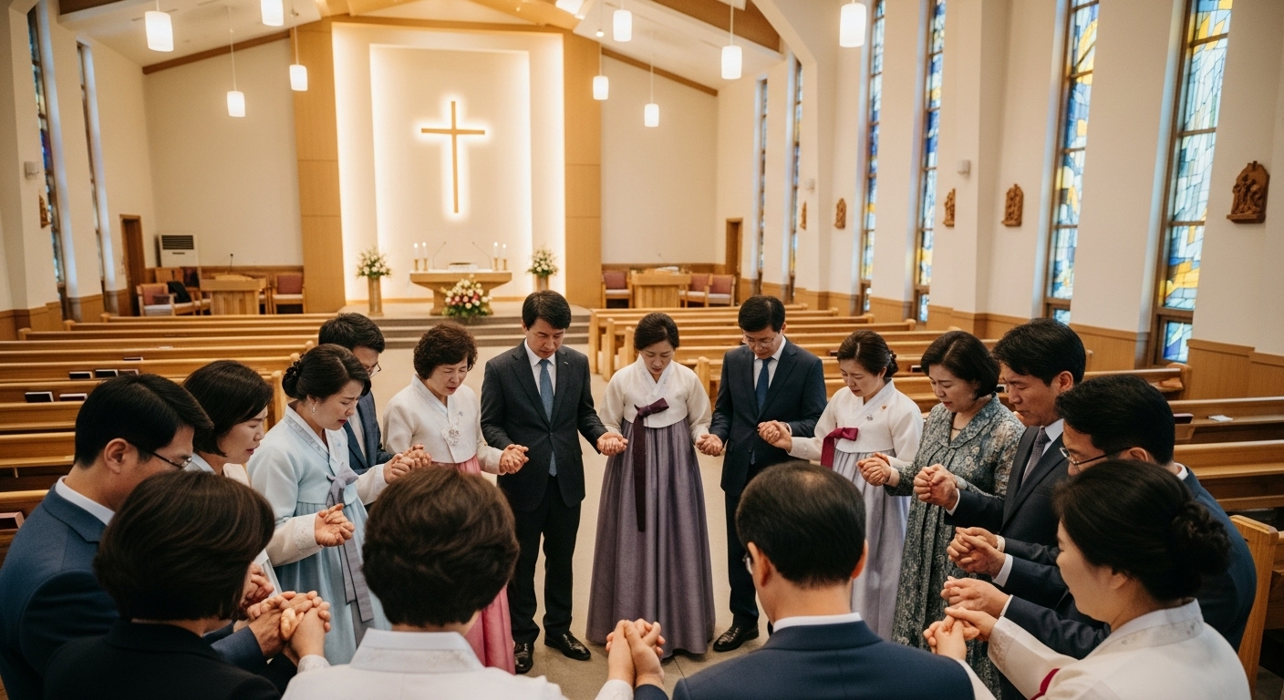 한국 교회에서 공동체와 나라를 위한 중보기도 하는 신자들