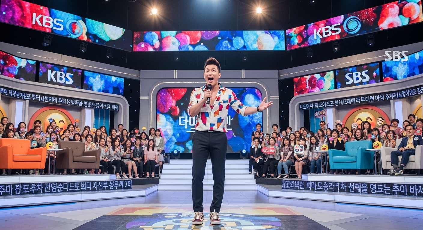 라이브 방송 무대에서 유머와 이야기로 시청자들과 소통하는 모습