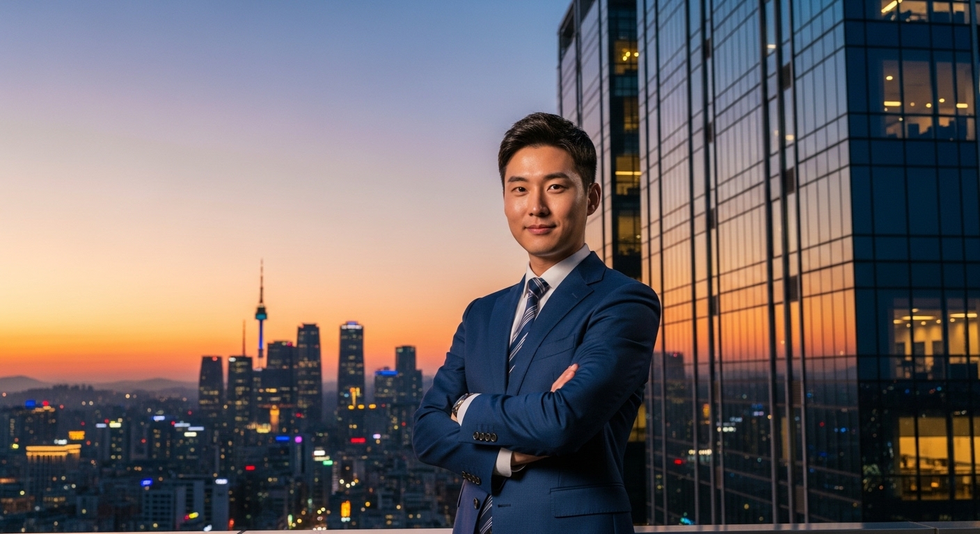 현대적인 고층 건물 앞에 자랑스럽게 서 있는 젊은 남성의 모습