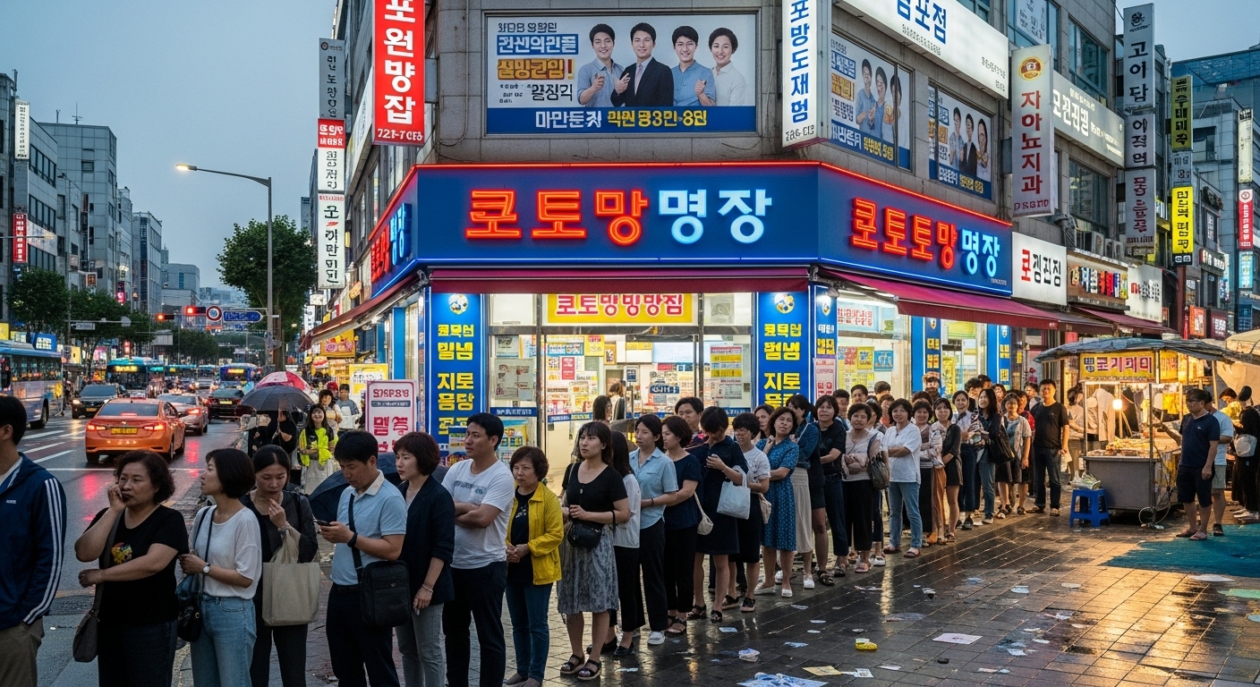 사람들이 줄을 서 있는 유명한 복권 판매점 앞의 번화한 거리 장면