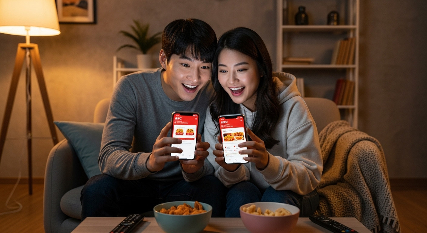젊은 커플이 밤에 소파에서 스마트폰으로 KFC 앱을 열고 있는 모습