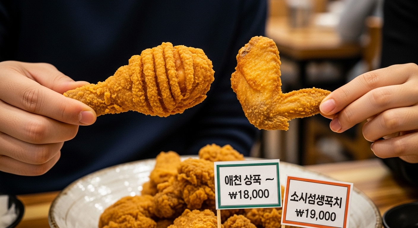 두 조각의 오리지널 후라이드 치킨을 들고 있는 손과 가격 태그