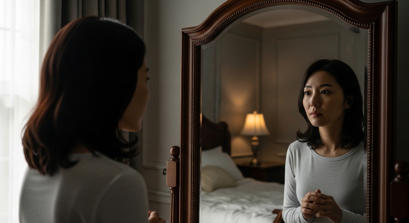 수술 후 몇 달이 지나 거울을 보며 장기적인 결과를 분석하는 여성