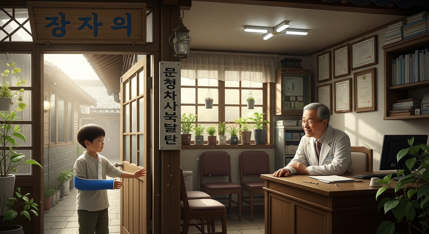 작은 병원에서 의사와 만나는 어린 소년의 모습
