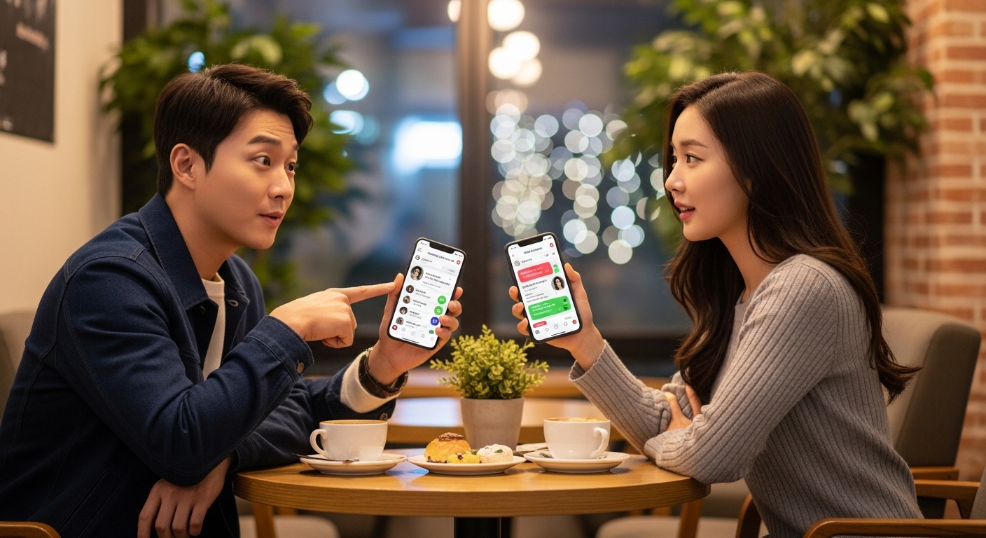 카페에서 휴대폰을 보며 온라인 데이팅 용어에 대해 대화하는 남녀